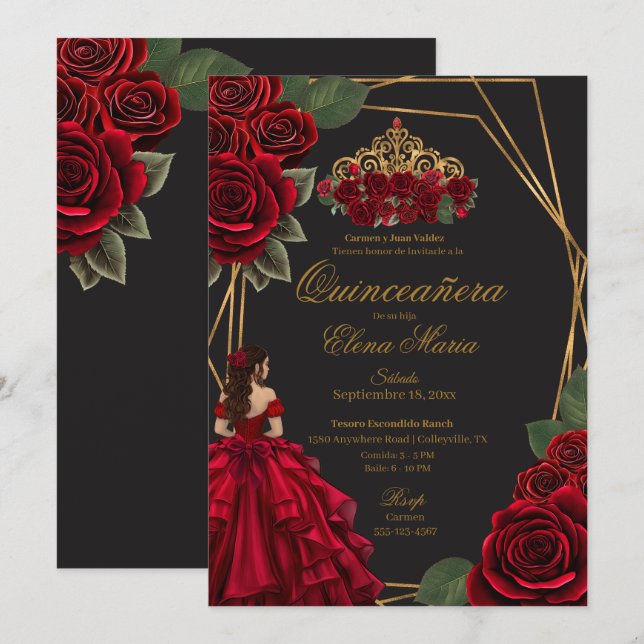 Black Röd ros Guld Princess Quinceañera Inbjudningar (Fram/baksida)