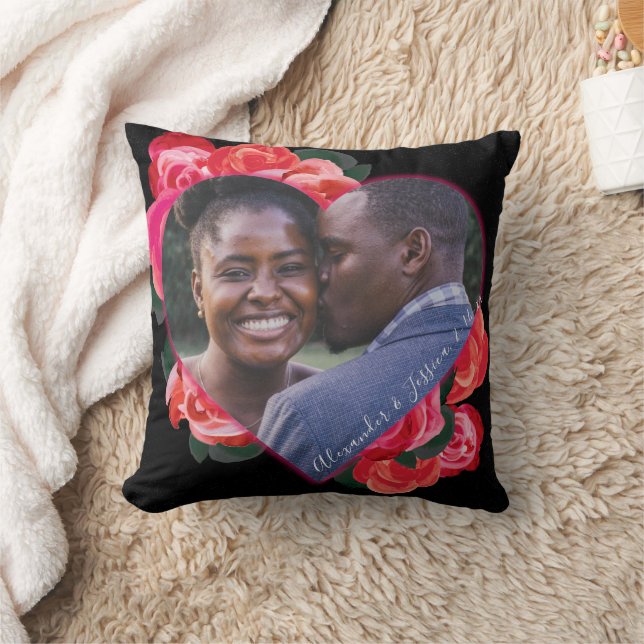 Black, Röd ros Romantic Valentines foto Pillow Kudde (Filt)