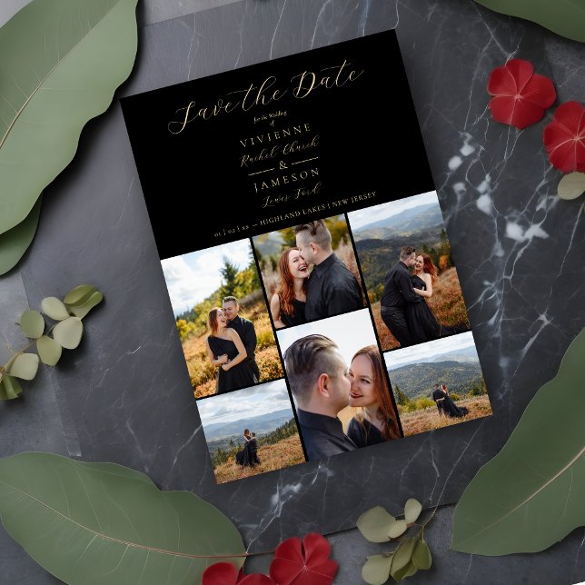 Black Romantic Fancy Chic Collage 6 Pho Spara Datumet (Black Romantic Fancy Chic Collage 6 Photos Couple Save the Date with Envelope. )