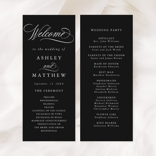 Black Romantic Swirly Calligraphy Bröllop Ceremony Program (Front & Back)