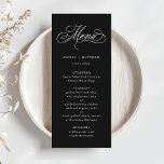 Black Romantic Swirly Calligraphy Bröllop Meny<br><div class="desc">Enkel svartvit bröllop-meny med elegant och romantisk kalligrafi-skrift med namn. Om du vill ha en mer avancerad anpassning av den här designen klickar du på BLUE DESIGN VERKTYG ovan!</div>