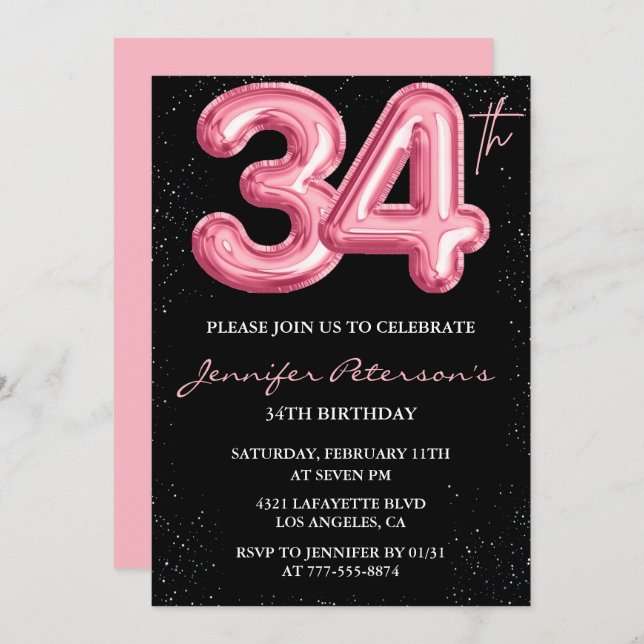 Black Rosa 34-årsinbjudningar Balloon Glam Inbjudningar (Fram/baksida)