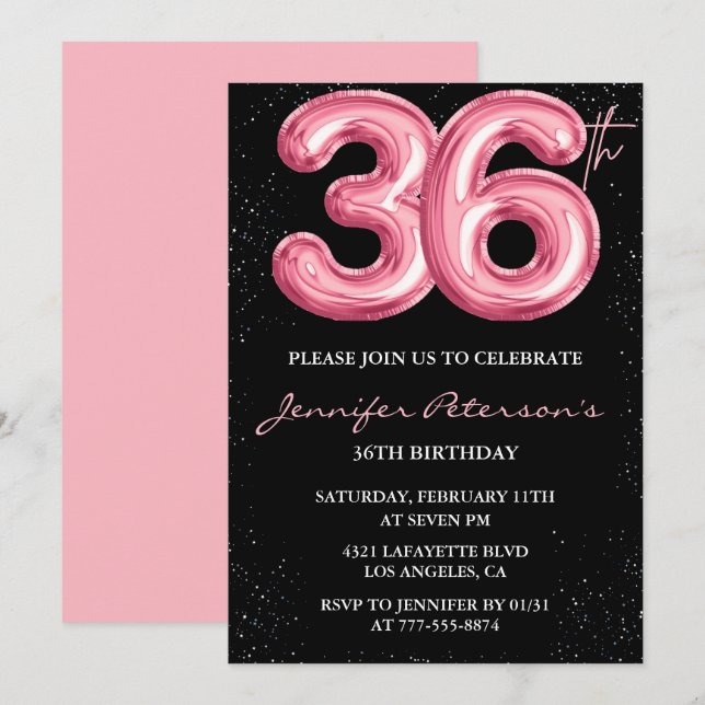 Black Rosa 36-årsinbjudningar Balloon Glam Inbjudningar (Fram/baksida)