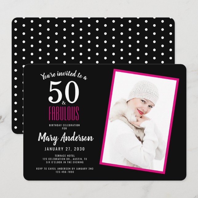 Black Rosa 50 och Fabulous 50:e Födelsedagsfesten Inbjudningar (Fram/baksida)