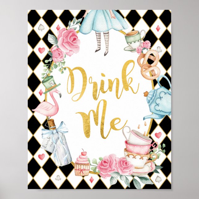 Black Rosa Alice i Wonderland DRINK ME Party Sign Poster (Framsidan)