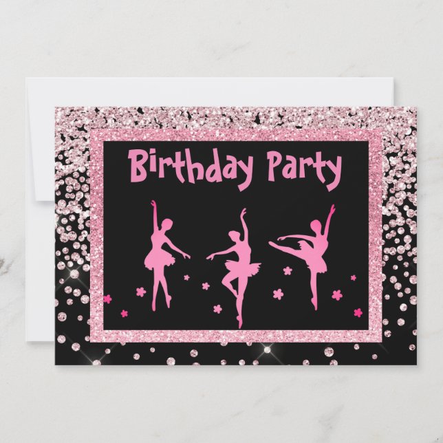 Black Rosa Ballerina Gnistra Childrens Birthday Inbjudningar (Framsida)