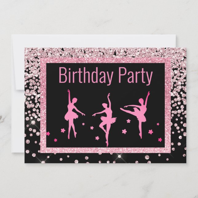 Black Rosa Ballerina Gnistra Childrens Birthday Inbjudningar (Framsida)