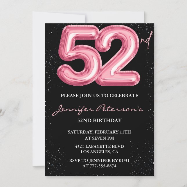 Black Rosa Balloon Glam Glitter 52:a födelsedagen Inbjudningar (Framsida)
