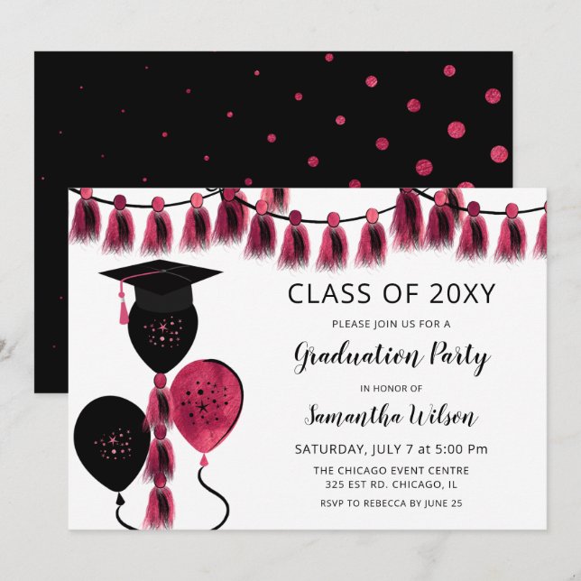 Black Rosa Balloons Grad Hat Studentfest Inbjudningar (Fram/baksida)