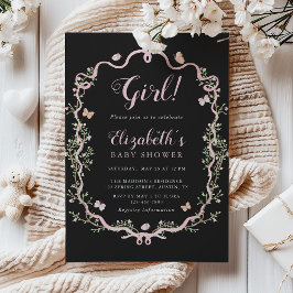 Black & Rosa Blommar Blommigt Girl Baby Shower Inbjudningar