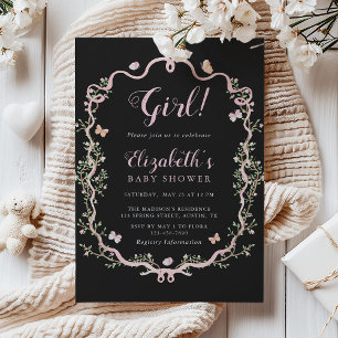 Black & Rosa Blommar Blommigt Girl Baby Shower Inbjudningar