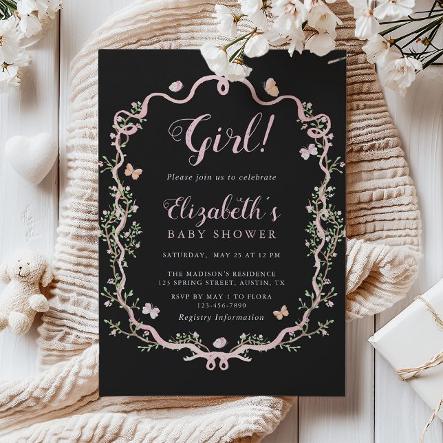 Black & Rosa Blommar Blommigt Girl Baby Shower Inbjudningar (Skapare uppladdad)