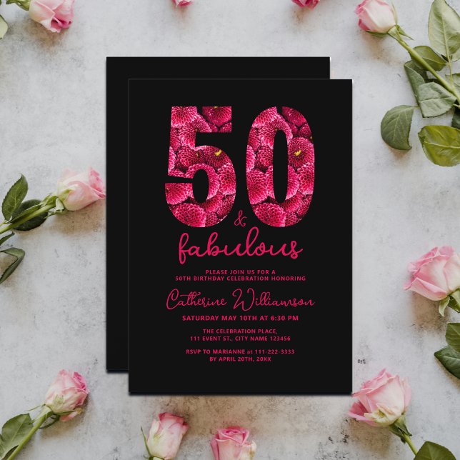 Black Rosa Blommigt 50 och Fabulous Födelsedagsfes Inbjudningar (Add your details to personalize your event, see the collection for other matching items.)