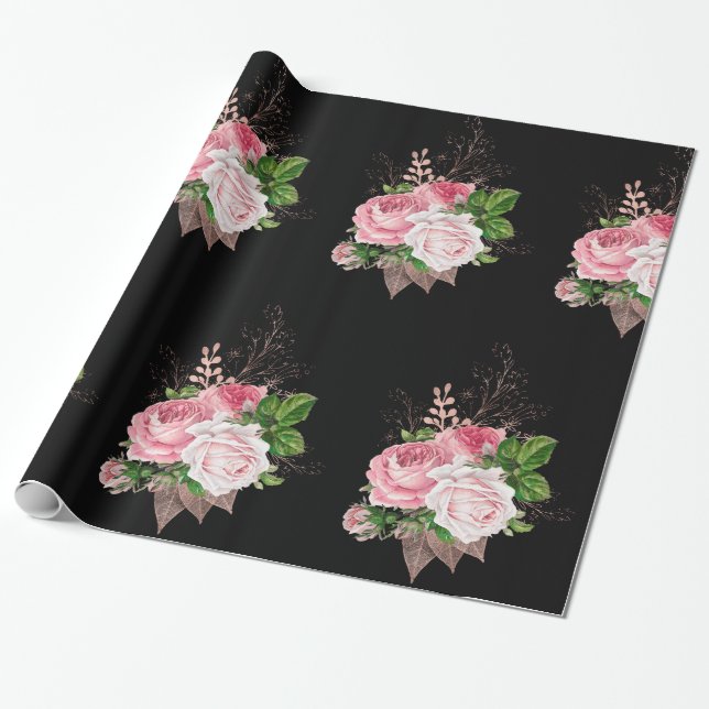 Black Rosa Blommigt BIRTHDAY BRÖLLOP WRAP Presentpapper (Utrullad)