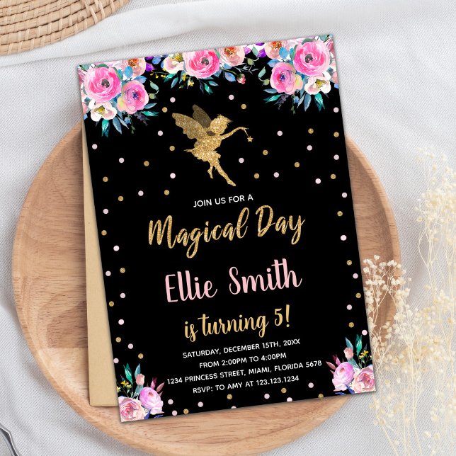 Black Rosa Blommigt Fairy Birthday-inbjudningar Inbjudningar (Black Pink Floral Fairy Birthday Invitations)