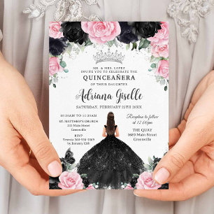 Black Rosa Blommigt Flowers Dress Silver Quinceane Inbjudningar