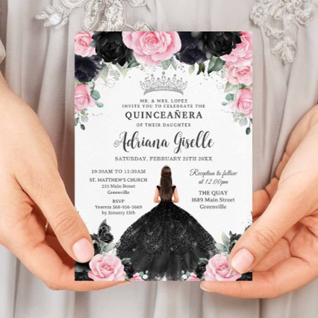Black Rosa Blommigt Flowers Dress Silver Quinceane Inbjudningar (black and pink roses floral girl in black dress quinceanera sweet 16 birthday invitation download)