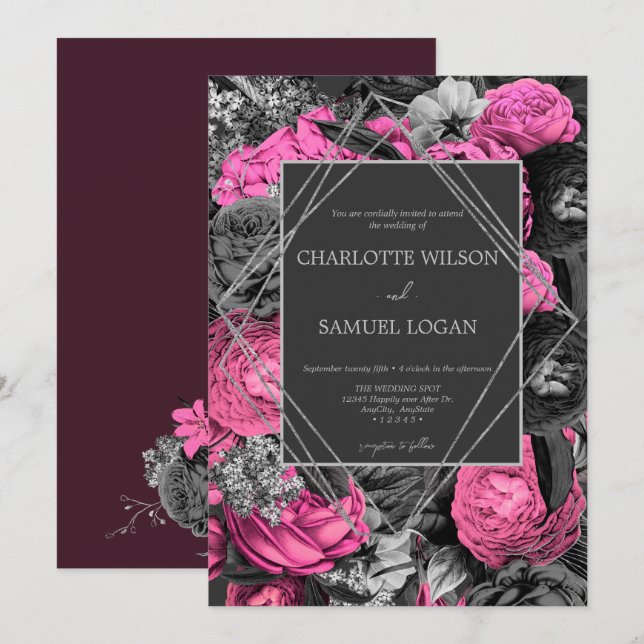 Black Rosa Blommigt | Modern Chic Blommigt Bröllop Inbjudningar (Fram/baksida)