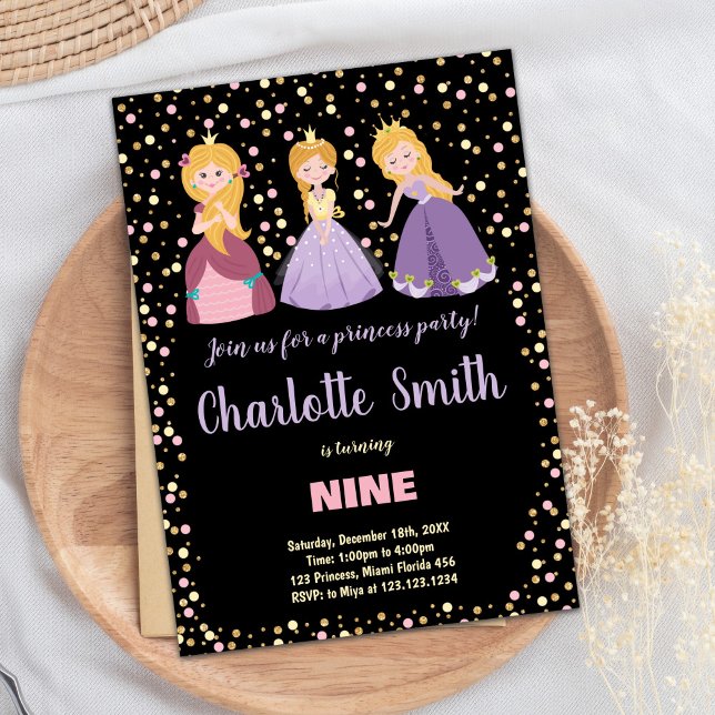 Black Rosa Blommigt Princess Birthday Bjud Inbjudningar (Black Pink Floral Princess Birthday Invitations)