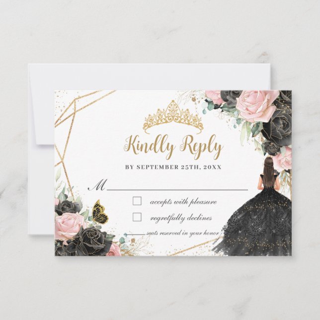 Black Rosa Blommigt Princess Dress Quinceañera Rep OSA Kort (Framsida)