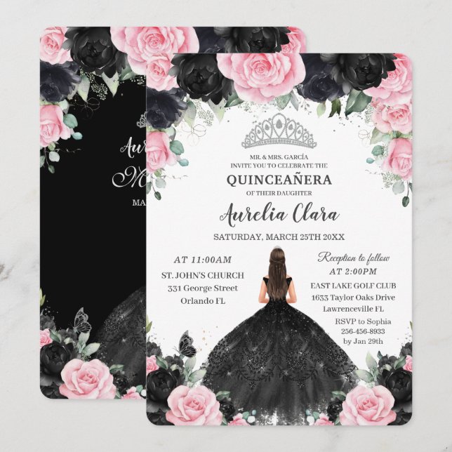 Black Rosa Blommigt Princess Gown Silver Quinceañe Inbjudningar (Fram/baksida)