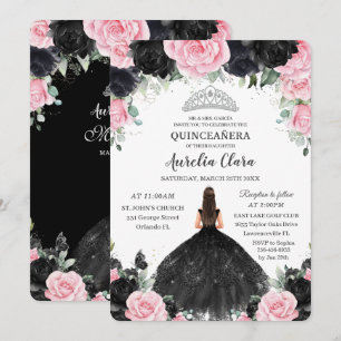 Black Rosa Blommigt Princess Gown Silver Quinceañe Inbjudningar