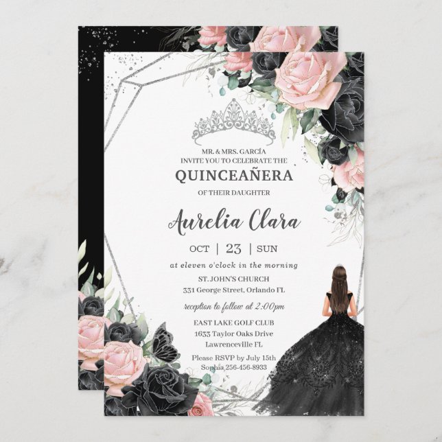 Black Rosa Blommigt Princess Silver Quinceañera Inbjudningar (Fram/baksida)
