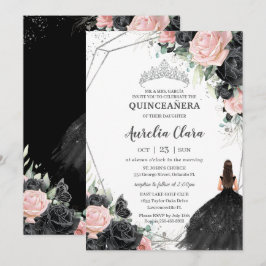 Black Rosa Blommigt Princess Silver Quinceañera Inbjudningar