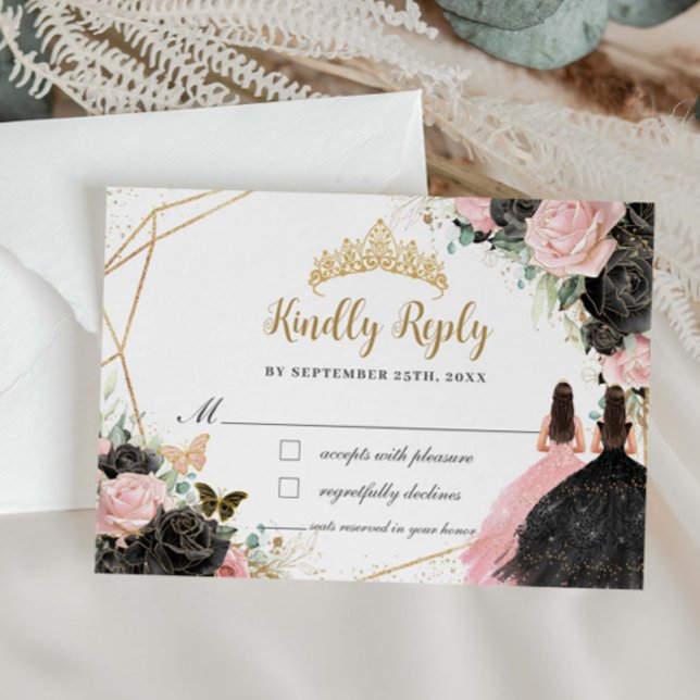 Black Rosa Blommigt Princess Twillingars Quinceañe OSA Kort (Skapare uppladdad)