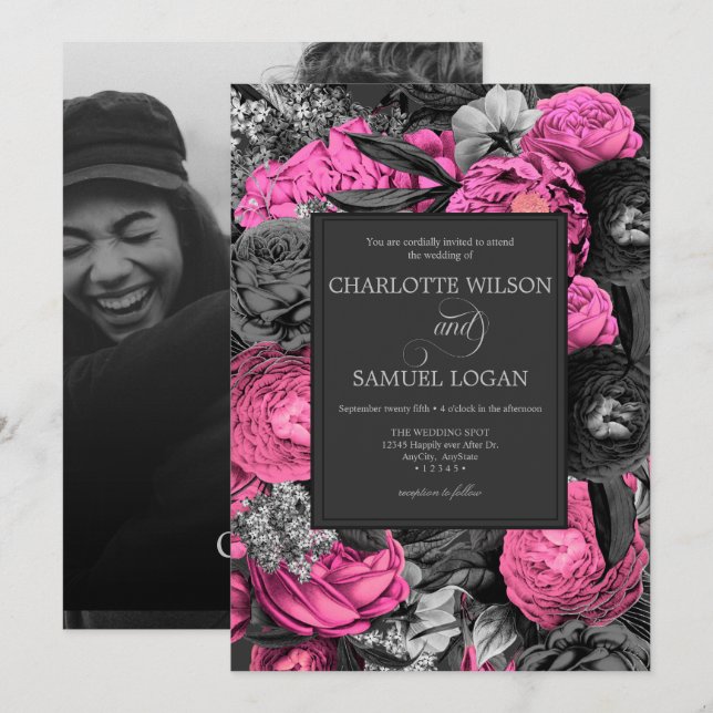 Black Rosa Blommigt | Svartvit foto Bröllop Inbjudningar (Fram/baksida)