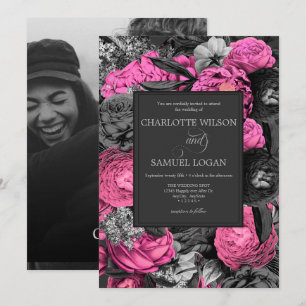 Black Rosa Blommigt Svartvit foto Bröllop Inbjudningar