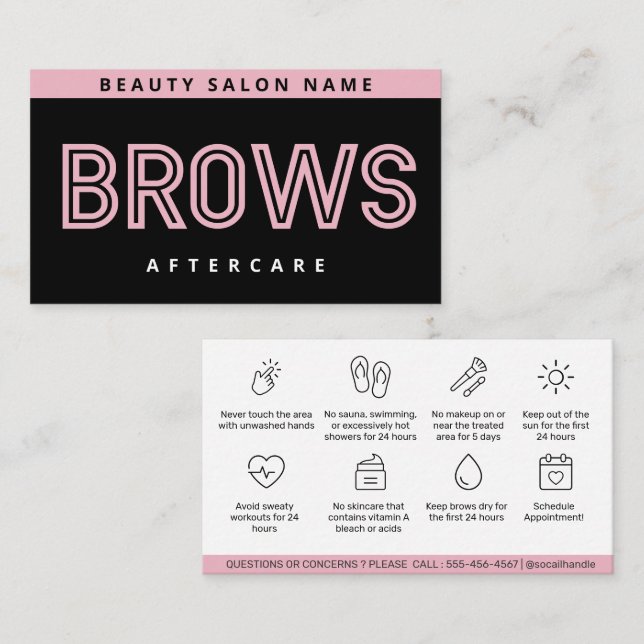 Black Rosa Brows Aftercare PMU Brow Instructions Visitkort (Fram/baksida)
