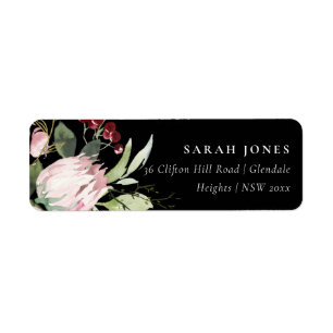 BLACK ROSA BURGUNDY PROTEA BLOMMIGT ADRESS RETURADRESS ETIKETT