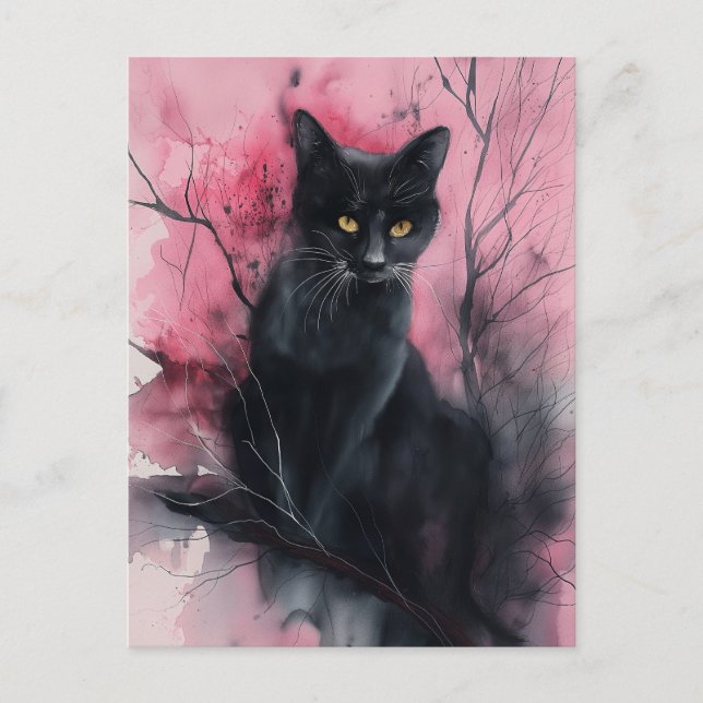 Black Rosa Cat Abstrakt Surreal Porträtt Painting Vykort (Framsida)