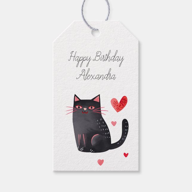 Black Rosa Cat Hearts Birthday Presentetikett (Framsidan)