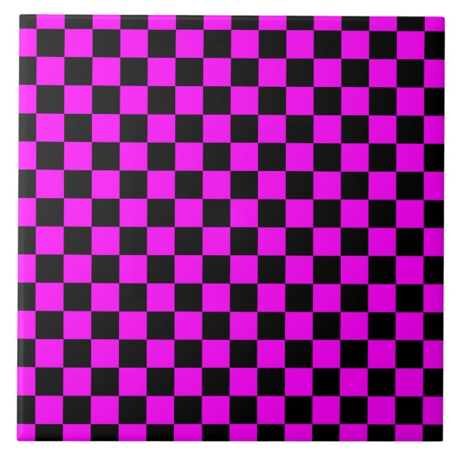 Black + Rosa Check Checkerboard Mönster Kakelplatta (Framsidan)