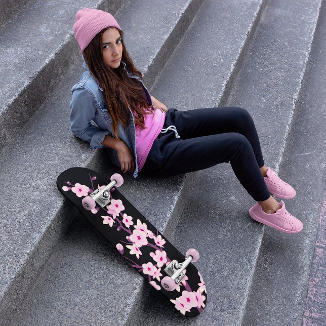 Black Rosa Cherry Blommar Blommigt Cute Mini Skateboard Bräda 18,5 Cm (Skapare uppladdad)