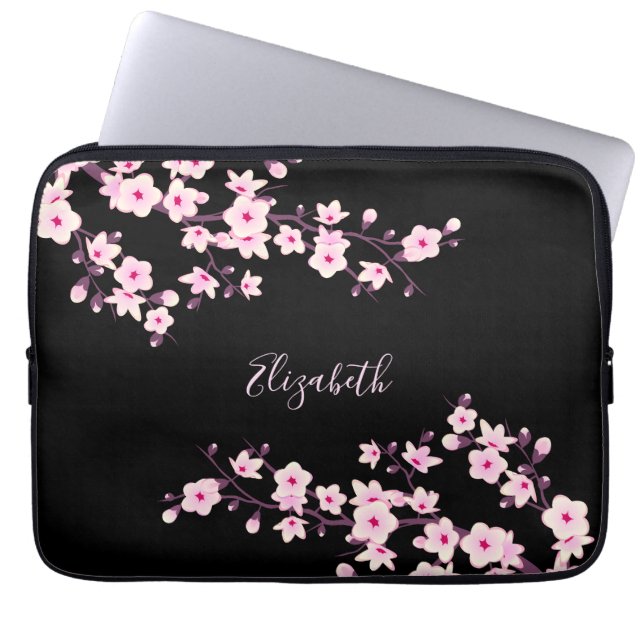 Black Rosa Cherry Blommar Monogram Laptop Sleeve (Framsidan)