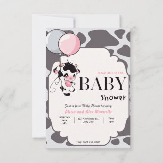 Black Rosa Cow med Balloon-inbjudan till babydusch Inbjudningar