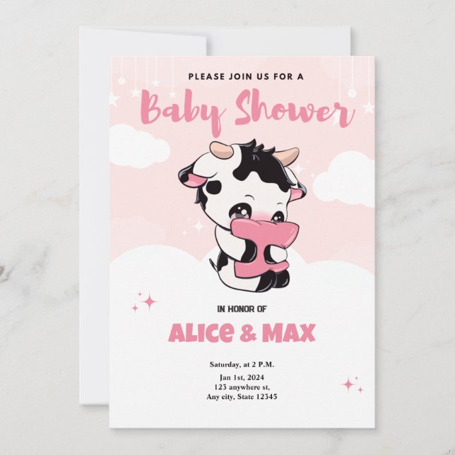 Black Rosa Cow White Cloud Baby Shower Inbjudningar (Framsida)