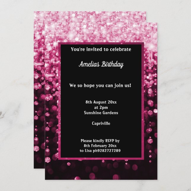 BLACK ROSA DIAMOND WATERFALL FÖDELSEDAGSFEST INBJUDNINGAR (Fram/baksida)