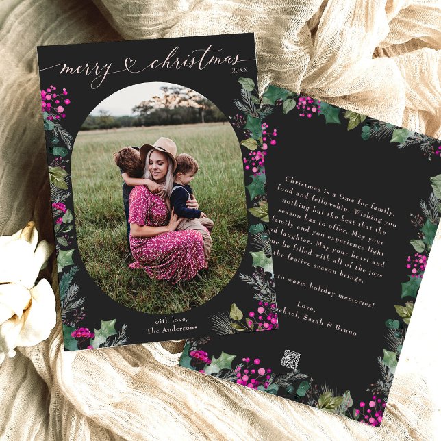 Black & Rosa Elegant Boho Photo God jul Julkort (Skapare uppladdad)
