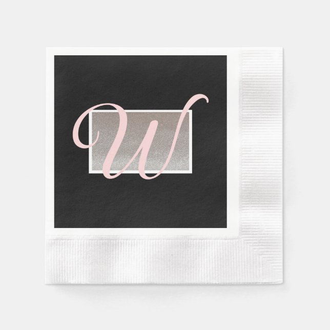 Black Rosa Elegant Monogram Papper Napkins Pappersservett (Framsidan)