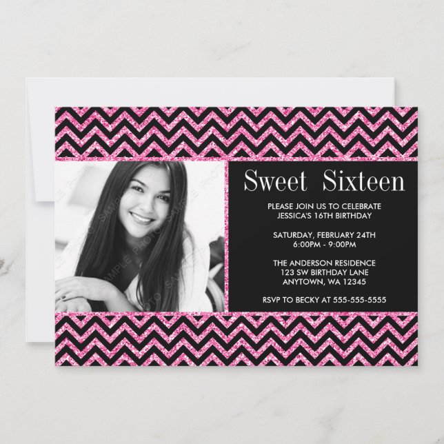 Black Rosa Faux Glitter Chevron Sweet 16 Photo Inbjudningar (Framsida)
