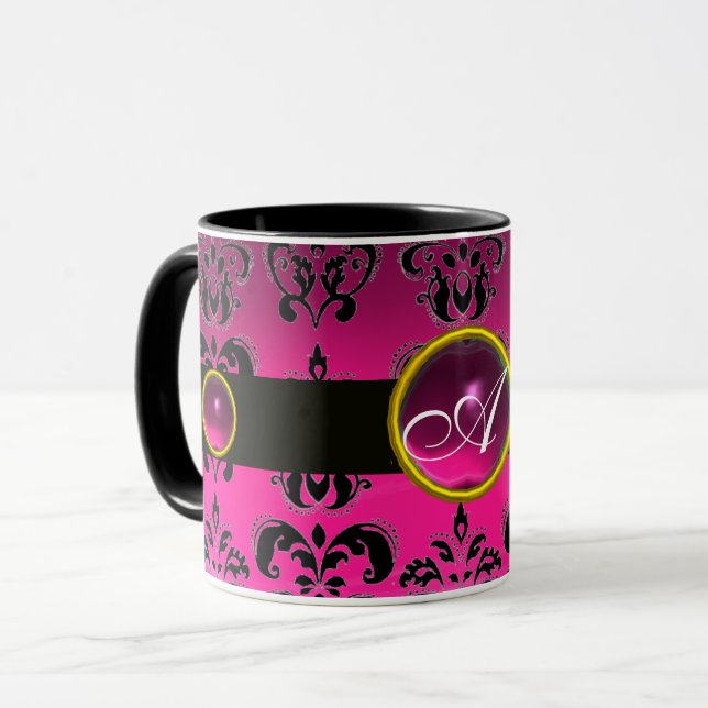 BLACK ROSA FUCHSIA DAMASK GEMSTONE MONOGRAM MUGG (Framsida vänster)