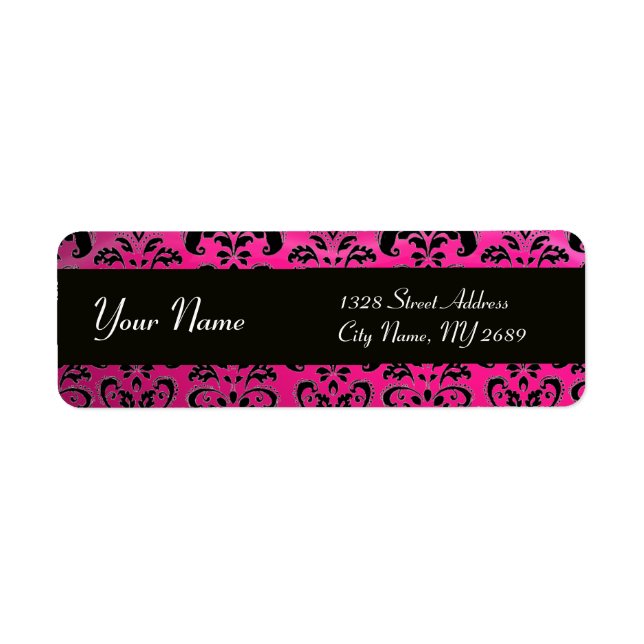 BLACK ROSA FUCHSIA DAMASK RETURADRESS ETIKETT (Framsidan)