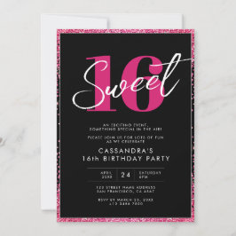 Black Rosa Glitter Glam Sweet sixteen Birthday Inbjudningar