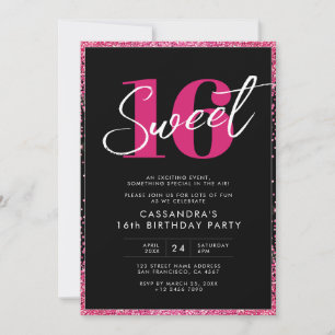 Black Rosa Glitter Glam Sweet sixteen Birthday Inbjudningar