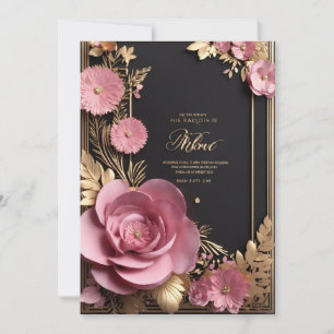 Black rosa guld 3d blommigt bröllop-kort