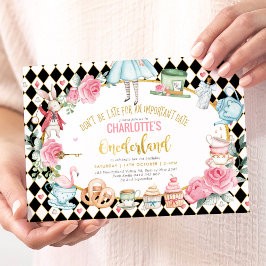 Black Rosa Guld Alice i Onederland Birthday Tea Inbjudningar